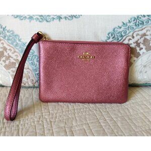 Coach Limited Edition Maroon Pink Metallic Pebbled Leather Zippered Wristlet